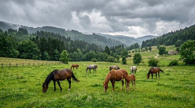 Caballos pastando libremente en un exuberante prado verde bajo un cielo gris dram&aacute;tico. Escena rural serena con bosques densos y colinas al fondo tras una lluvia reciente.