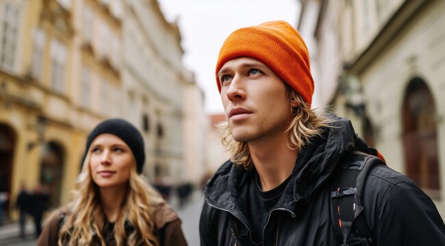 Un couple dans les rues d'une ville, le gar&ccedil;on, blond, coiff&eacute; d'un bonnet orange et v&ecirc;tu d'une veste noire et la fille aves des cheveux clairs symbolisant un voyage touristique en amoureux.