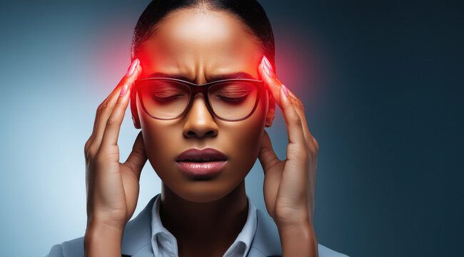 Femme jeune afro-am&eacute;ricaine souffrant de douleurs et de maux de t&ecirc;te, portant des lunettes, les mains sur les tempes avec une lumi&egrave;re rouge apparente symbolisant la douleur.