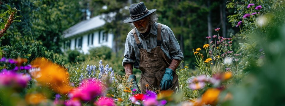 Un homme senior portant une salopette et un chapeau de paille, jardinant en s'occupant d'un parterre de fleurs color&eacute;es, maison d'habitation floue en arri&egrave;re-plan, vue panoramique.