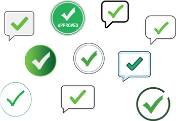 Green check mark and approved icon set with speech bubbles and circles for success and confirmation. © MDABUBAKKAR