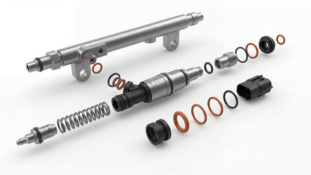 Automotive fuel injector disassembly component parts illustration on white