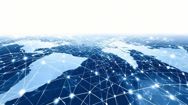 Global Network: An interconnected digital network superimposed over the world map, symbolizing the flow of information and connectivity across the globe.