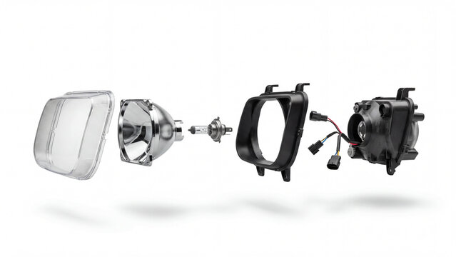 Automotive headlight components disassembled on white background for technical illustrations
