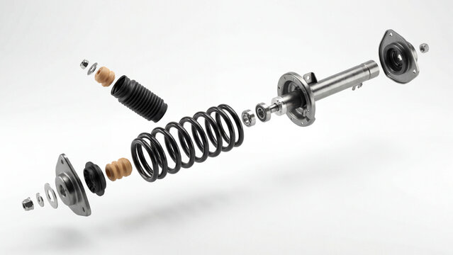 Automotive suspension system exploded view shock absorber and components