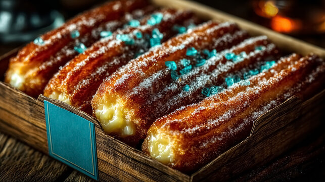 Delicious deep-fried churros filled with creamy custard, dusted with powdered sugar and vibrant blue crystals, served in a rustic wooden box.