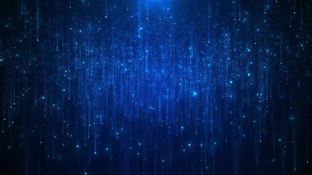 Blue particle rain background falling light trails, glowing dots, deep dark space, digital sparkle texture. technology cyber intros, data overlays, music visuals, broadcast loops, futuristic screens.