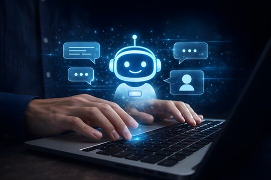 AI chat assistant. AI-powered customer support. Business process automation with conversational AI. Businessperson using laptop computer with conversational virtual assistant.