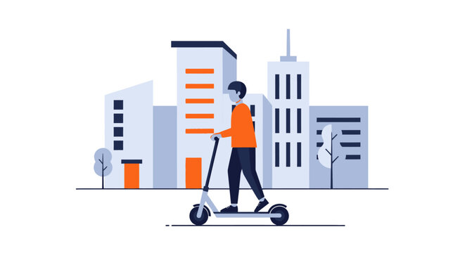 Man Riding Electric Scooter in Modern City, Eco-Friendly Urban Mobility Flat Vector Illustration, Sustainable Commuting and Smart City Lifestyle Graphic