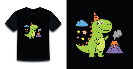 Cute green dinosaur wearing a party hat next to a smoking volcano vector illustration on a black kids' t-shirt © Arshad