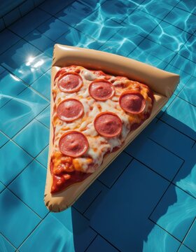 Inflatable pizza slice pool float floating on bright turquoise water for summer vacation advertising, travel social media and resort lifestyle promotion with copy space