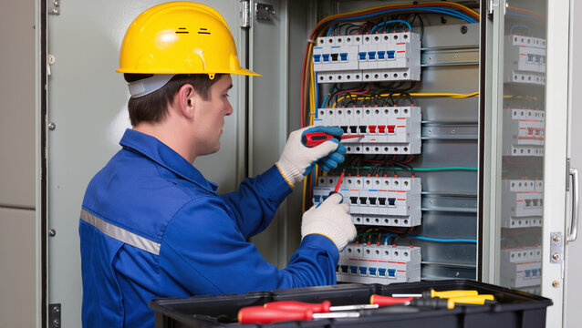 electrician at work,
Electrician using screwdriver on breaker panel.
Worker wearing white protective safety gloves.
Yellow hardhat and blue professional uniform.