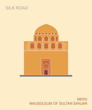 Flat style illustration of Sultan Sanjar Mausoleum in Merv Turkmenistan featuring monumental Islamic architecture of the Silk Road era