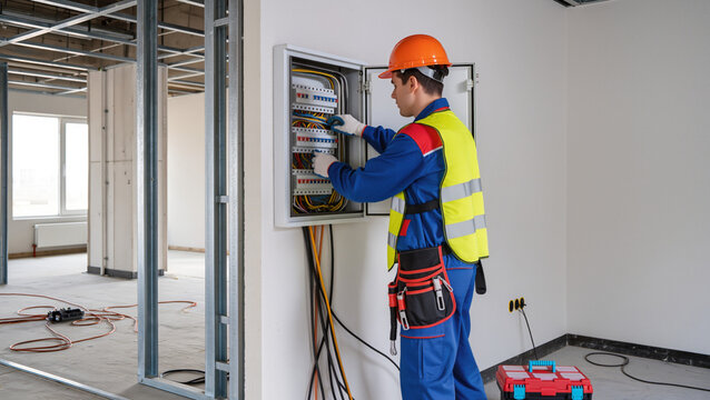 Electrician installing panel on construction site.
​Orange hardhat and reflective safety vest.
​Technician working inside unfinished building interior.
​Red and black toolbox on floor.