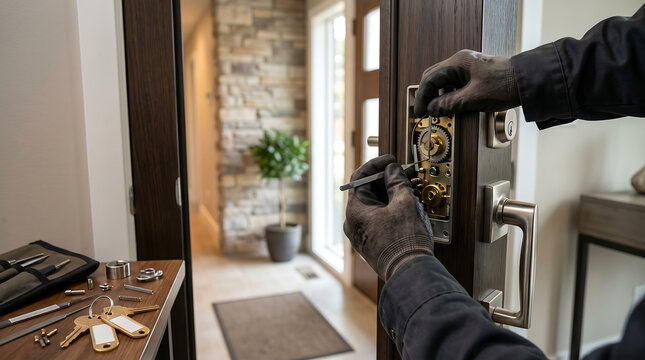 Faceless locksmith repairing residential door lock with precision tools in modern home entryway for security service and maintenance