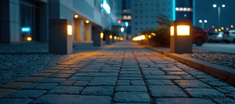 Urban walkway illuminated by modern path lights at night near parking area