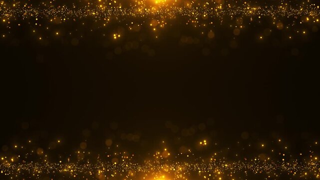 Golden glitter border background sparkling bokeh, copy space, top bottom particle bands, warm cinematic glow. wedding , award intros, celebration promos, event titles, festive overlays, luxury loops.