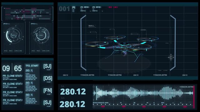 Futuristic drone visualization interface with digital hologram and wireframe display demonstrates advanced technology innovation
