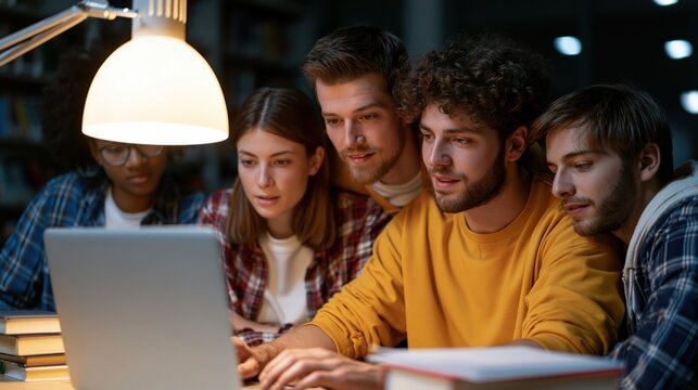 Diverse group of students collaborating on a laptop in a library at night