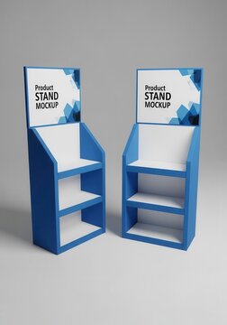 Empty blue retail display stands are shown from a perspective view against a plain background.