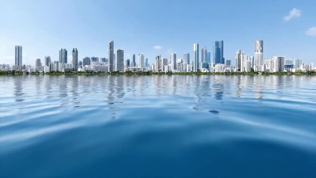 City Skyline Reflection: A panoramic view of a modern city skyline reflects beautifully on the tranquil water surface, set against a clear blue sky.