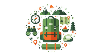 Naklejka premium Flat Vector Illustration of Adventure Hiking and Camping Gear Icons Set Arranged in Circle on White Background for Outdoor Travel Concept