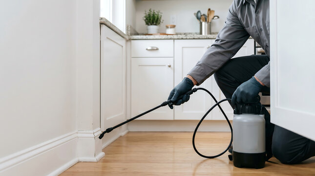 Professional pest control worker applying spray along kitchen baseboard with portable tank for home insect prevention service
