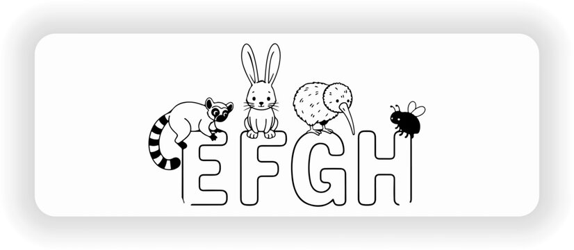Cute animal alphabet EFGH letters with cartoon wildlife illustration