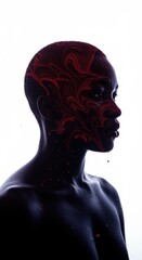 Fototapeta premium Person in profile with red liquid patterns and droplets on skin against a white background for artistic posters, commemorative events and symbolic conceptual designs