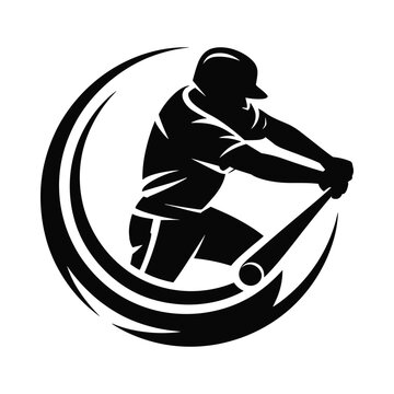 Dynamic silhouette of a baseball player swinging a bat within a swooshing circular emblem representing motion
