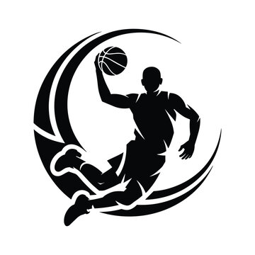 Dynamic silhouette of a basketball player jumping high to score a slam dunk with a curved motion graphic design element