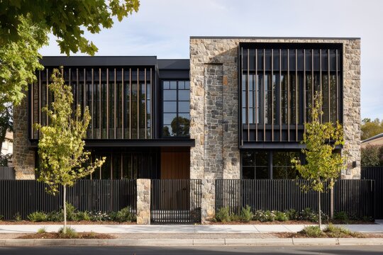 Modern house design combines stone and glass in a residential area with trees and a clear sky, showing a unique style and architecture to passersby