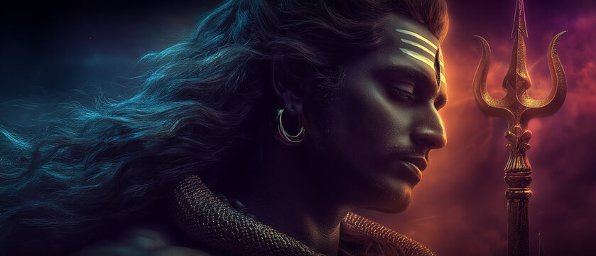 Hindu deity Shiva holding trident with flowing hair and mystical background  
