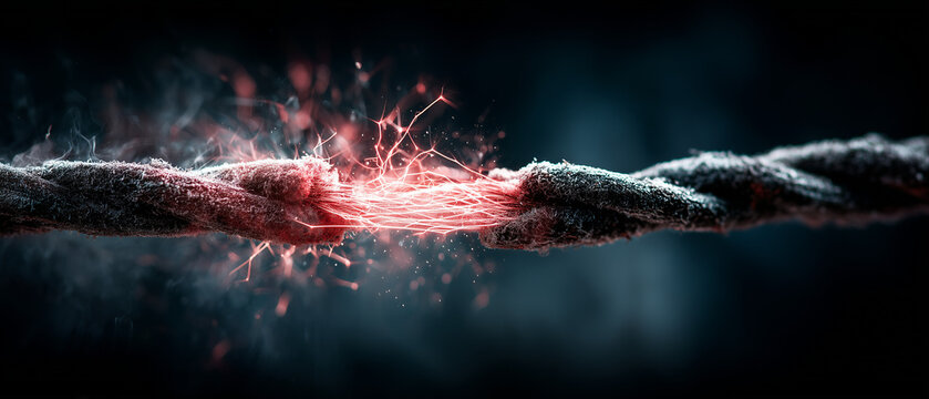 Frayed rope sparking with light against dark background  