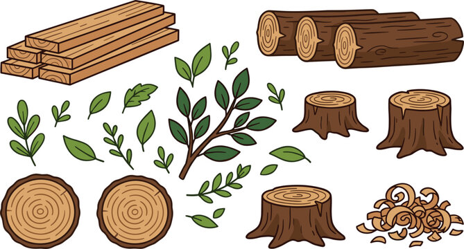 Lumber and Wood Industry Vector Set Featuring Wooden Logs Planks Tree Stumps Shavings and Green Leaves for Carpentry Forestry and Natural Timber Industry Illustration
