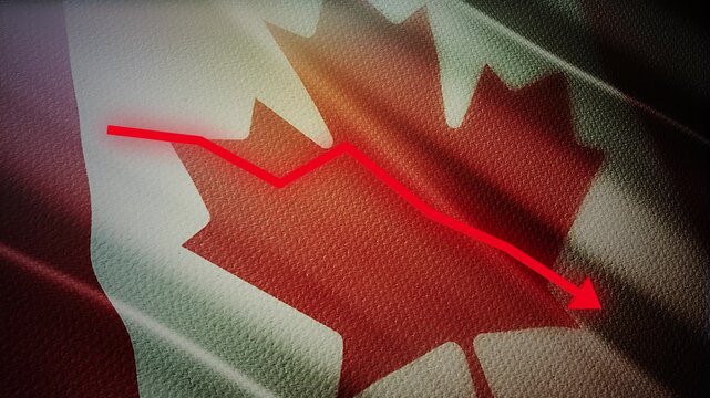 Canada Flag with Red Financial Graph Chart &ndash; Economic Decline, Market Crisis and Recession Concept
