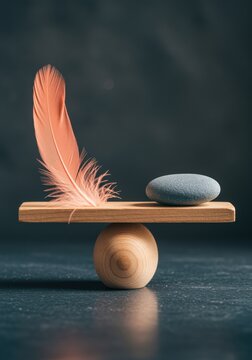 Feather and stone on a wooden lever balancing on a fulcrum for wellness branding, mental health concepts and philosophical editorial against a dark copy space background