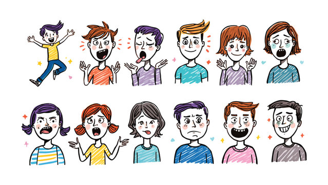 Human Emotions Collection: A vibrant showcase of diverse individuals, each portraying a unique emotion with expressive gestures and detailed facial expressions, capturing a spectrum of human feelings.