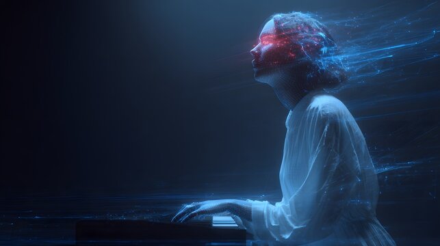 Woman with glowing red eyes typing on a computer in a dark room with blue light