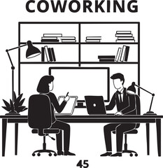 Fototapeta premium Coworking space with two people working at desk coworking workspace collaboration