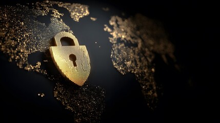 Fototapeta premium Golden shield on a world map with digital particles
