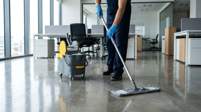 Janitorial worker using flat mop and wheeled bucket to clean polished office floor in bright corporate workplace environment