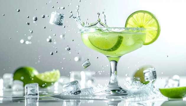 Refreshing lime margarita glass splashing with ice cubes