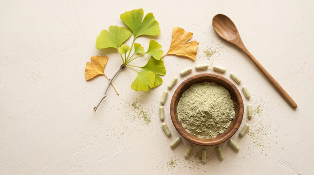 natural herbal matcha powder bowl with ginkgo leaves and wooden spoon on neutral background