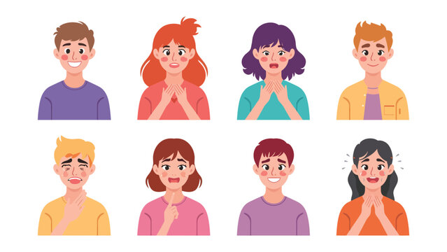 Emotion Portrait: A set of eight diverse individuals showcasing a range of heartfelt emotions, from joy and surprise to sadness and apprehension. Each expression is meticulously portrayed.