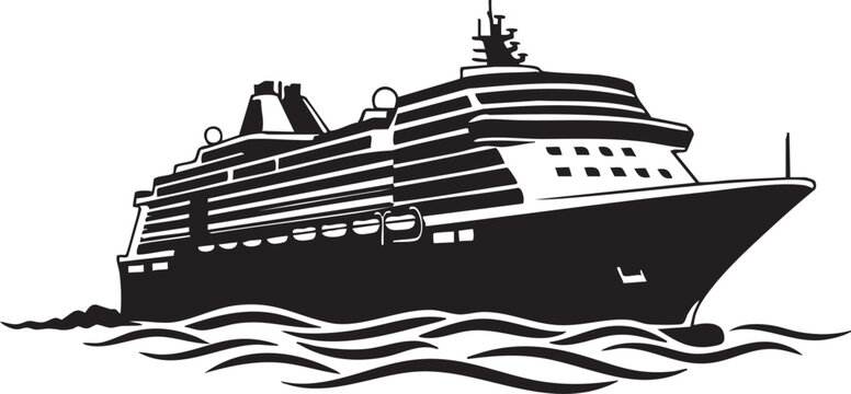Black silhouette of a large luxury cruise ship sailing on ocean waves with nautical