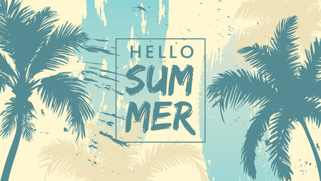 Retro vintage summer greeting with palm trees and paint splatter background tropical vacation greeting background celebration sunshine relaxation illustration template splatter