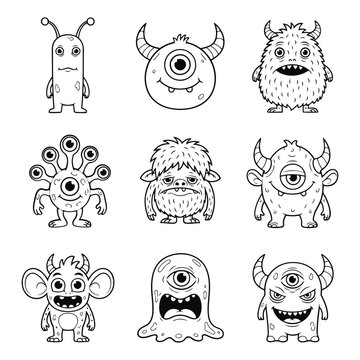 A collection of creepy monsters with various features are standing alone