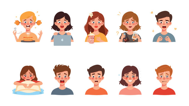 Facial Expressions: A collection of diverse expressions, capturing various emotions of a group of individuals in a vibrant display. 