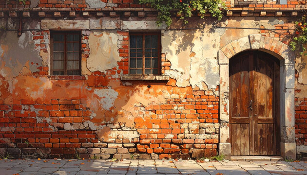 Weathered brick building facade with arched door and windows